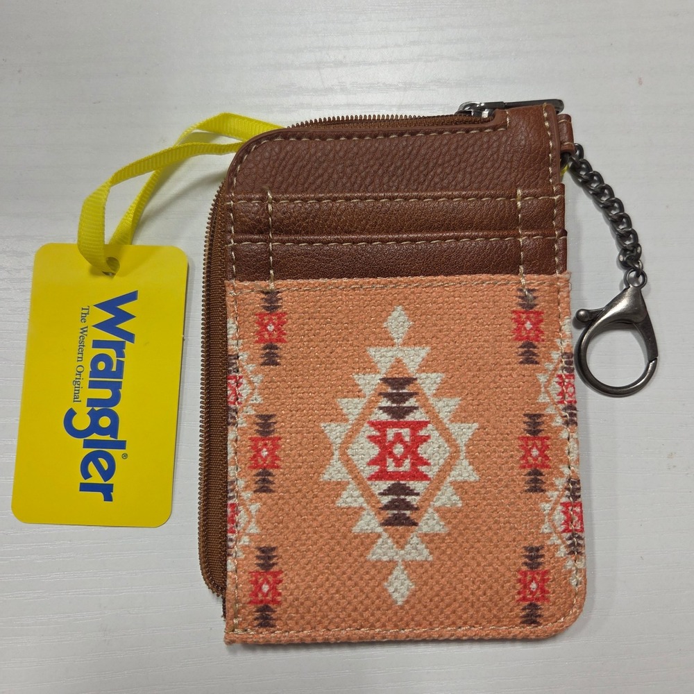 Wrangler Southwestern Card Holder Wallet Brown Faux Leather Key Chain Zip NWT